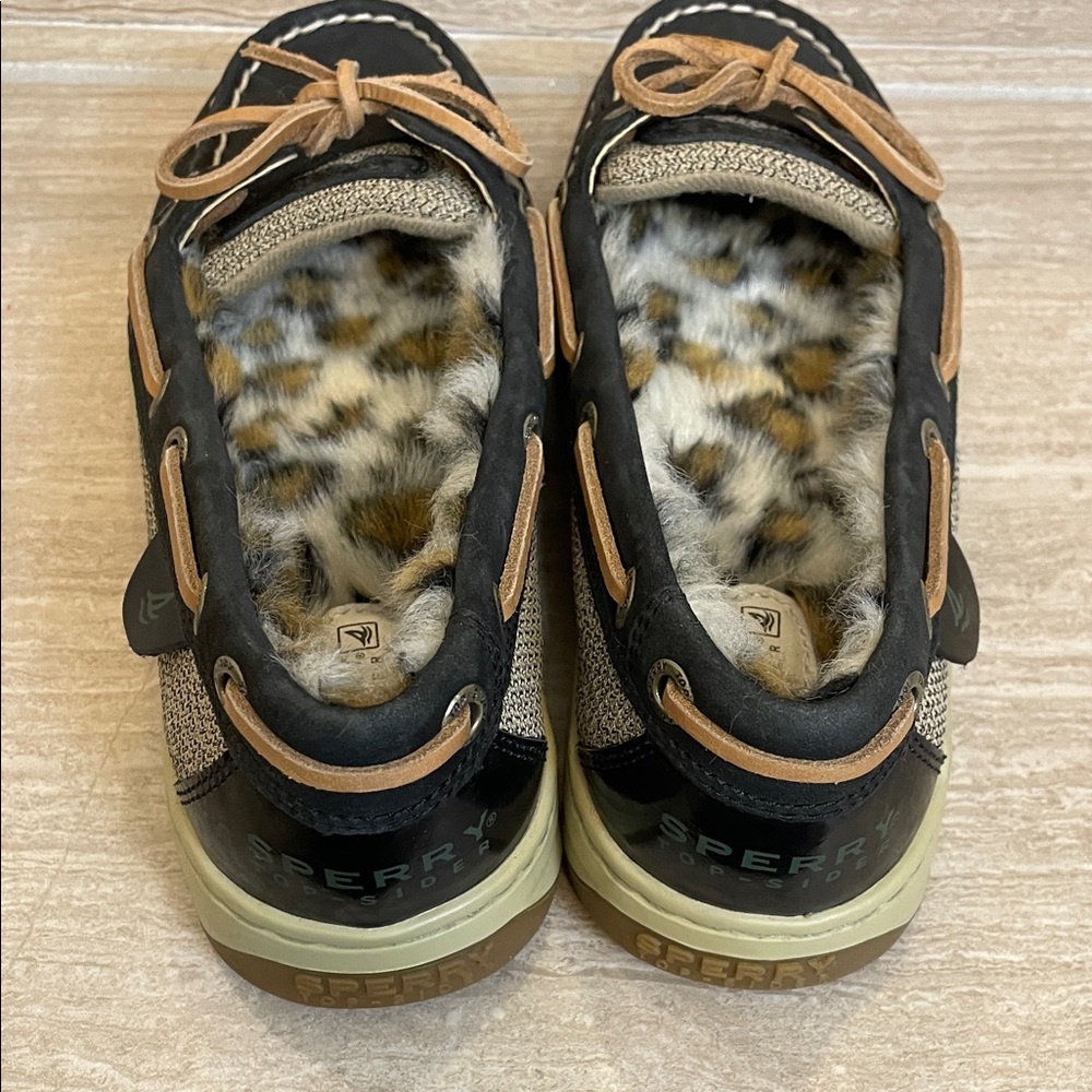 Sperry NWOT Black Flat Moccasin with Leopard Faux-Fur Lining - Picture 7 of 13